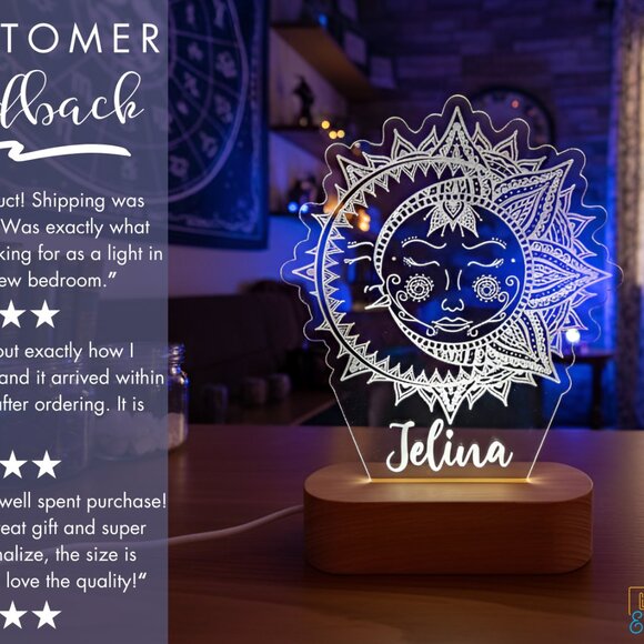 Custom Yoga LED Name Light • Personalized Moon & Sun Sign • Gift for Her - Picture 7 of 8